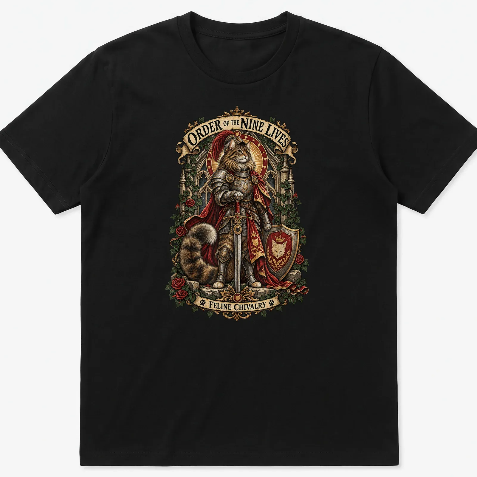Whimsical illustration of a cat knight with text about feline chivalry — printed on a unisex t-shirt