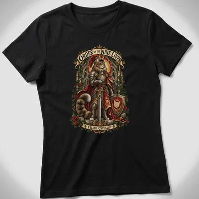 Whimsical illustration of a cat knight with text about feline chivalry — printed on a women's shirt