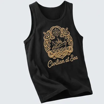 Illustration of an ornamental boat with nautical rope design and text 'Civilian at Sea' — printed on a tank top
