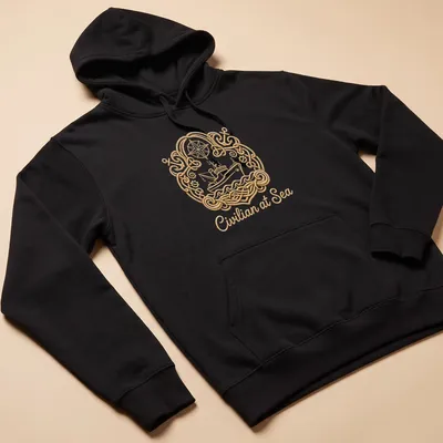 Illustration of an ornamental boat with nautical rope design and text 'Civilian at Sea' — printed on a unisex hoodie