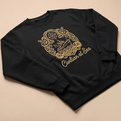 Illustration of an ornamental boat with nautical rope design and text 'Civilian at Sea' — printed on a unisex sweatshirt