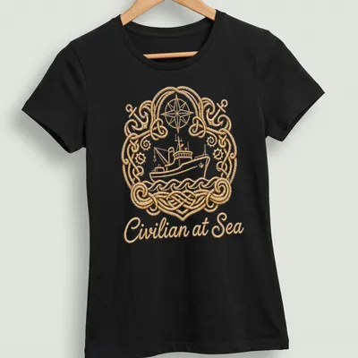 Illustration of an ornamental boat with nautical rope design and text 'Civilian at Sea' — printed on a women's shirt