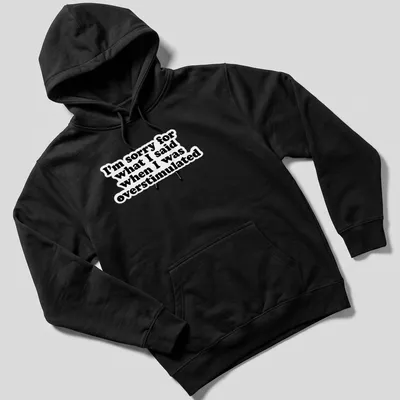 Bold typography t-shirt in black and white with an apology for overstimulation — printed on a unisex hoodie