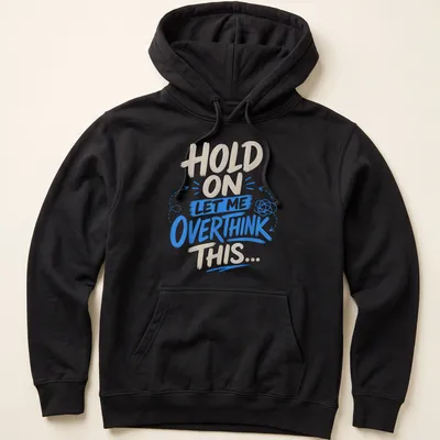 Bold playful shirt with a thought bubble and humorous text about overthinking — printed on a unisex hoodie