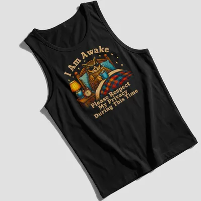 Vintage illustrated owl t-shirt with humorous text about privacy — printed on a tank top