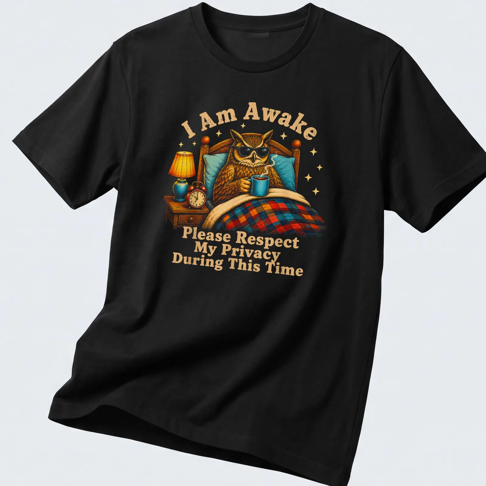 Vintage illustrated owl t-shirt with humorous text about privacy — printed on a unisex t-shirt
