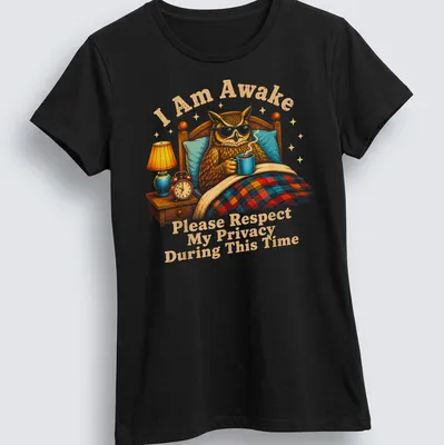 Vintage illustrated owl t-shirt with humorous text about privacy — printed on a women's shirt