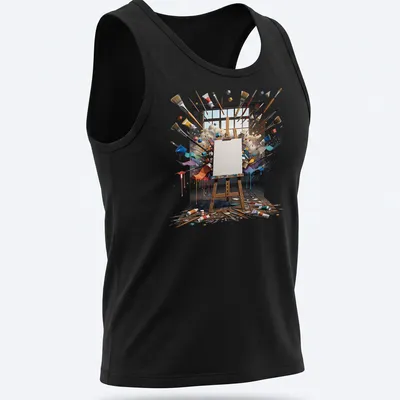 Vibrant Painter of Dreams t-shirt with colorful easel and art supplies — printed on a tank top