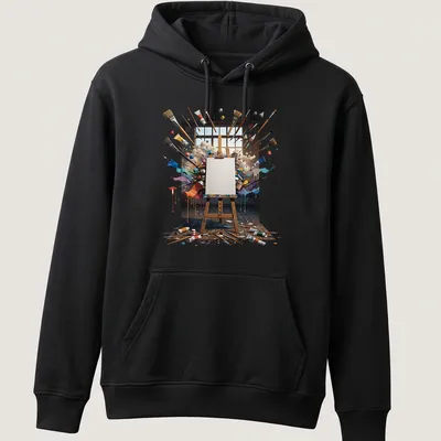Vibrant Painter of Dreams t-shirt with colorful easel and art supplies — printed on a unisex hoodie