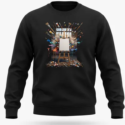 Vibrant Painter of Dreams t-shirt with colorful easel and art supplies — printed on a unisex sweatshirt