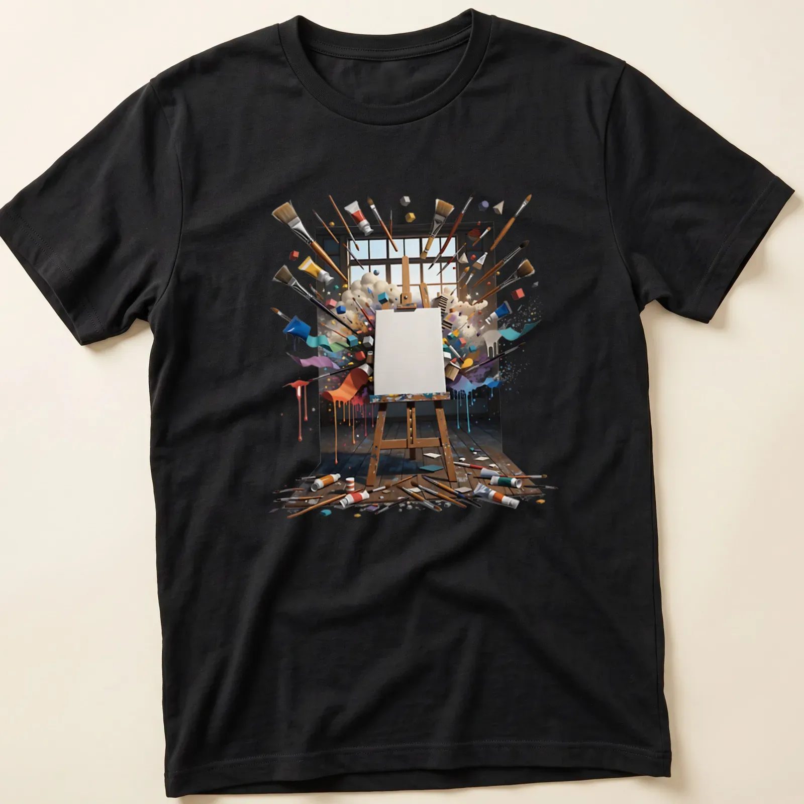 Vibrant Painter of Dreams t-shirt with colorful easel and art supplies — printed on a unisex t-shirt