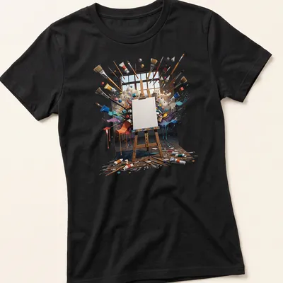 Vibrant Painter of Dreams t-shirt with colorful easel and art supplies — printed on a women's shirt