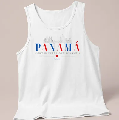 Line-art design of the Panama skyline with red, blue, gray, and white colors — printed on a tank top