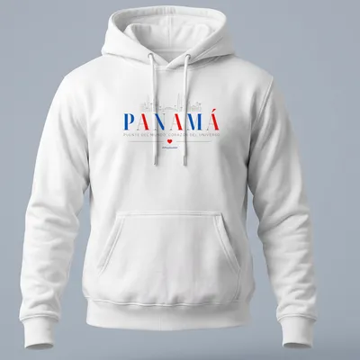 Line-art design of the Panama skyline with red, blue, gray, and white colors — printed on a unisex hoodie