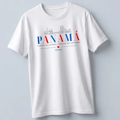 Line-art design of the Panama skyline with red, blue, gray, and white colors