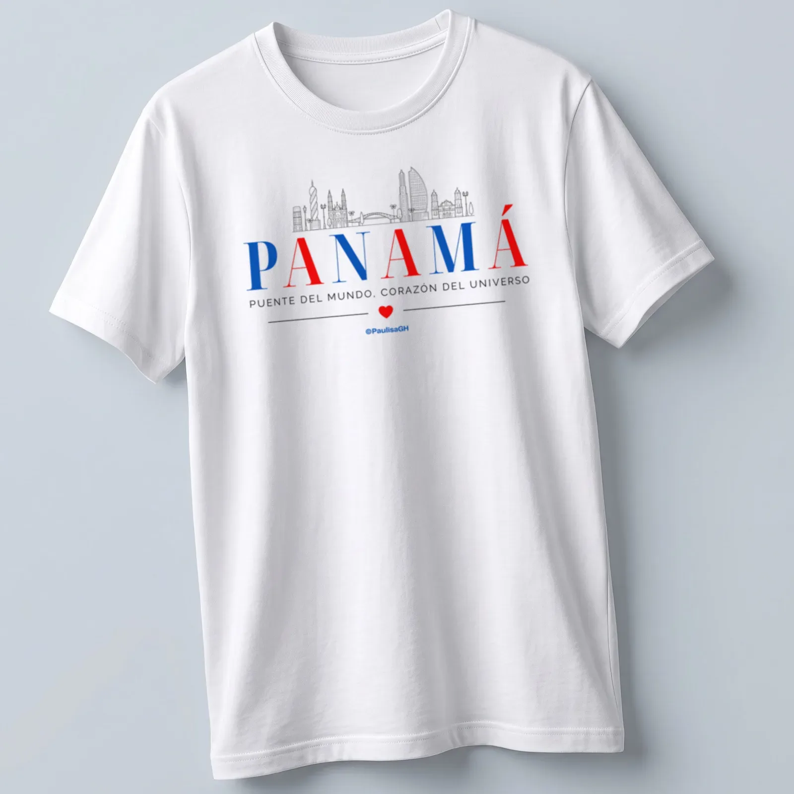 Line-art design of the Panama skyline with red, blue, gray, and white colors — printed on a unisex t-shirt