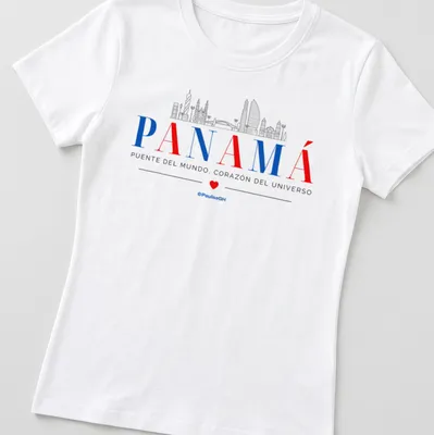 Line-art design of the Panama skyline with red, blue, gray, and white colors — printed on a women's shirt