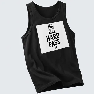 Cartoon panda with unimpressed expression and bold text saying HARD PASS — printed on a tank top