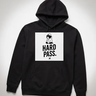 Cartoon panda with unimpressed expression and bold text saying HARD PASS — printed on a unisex hoodie