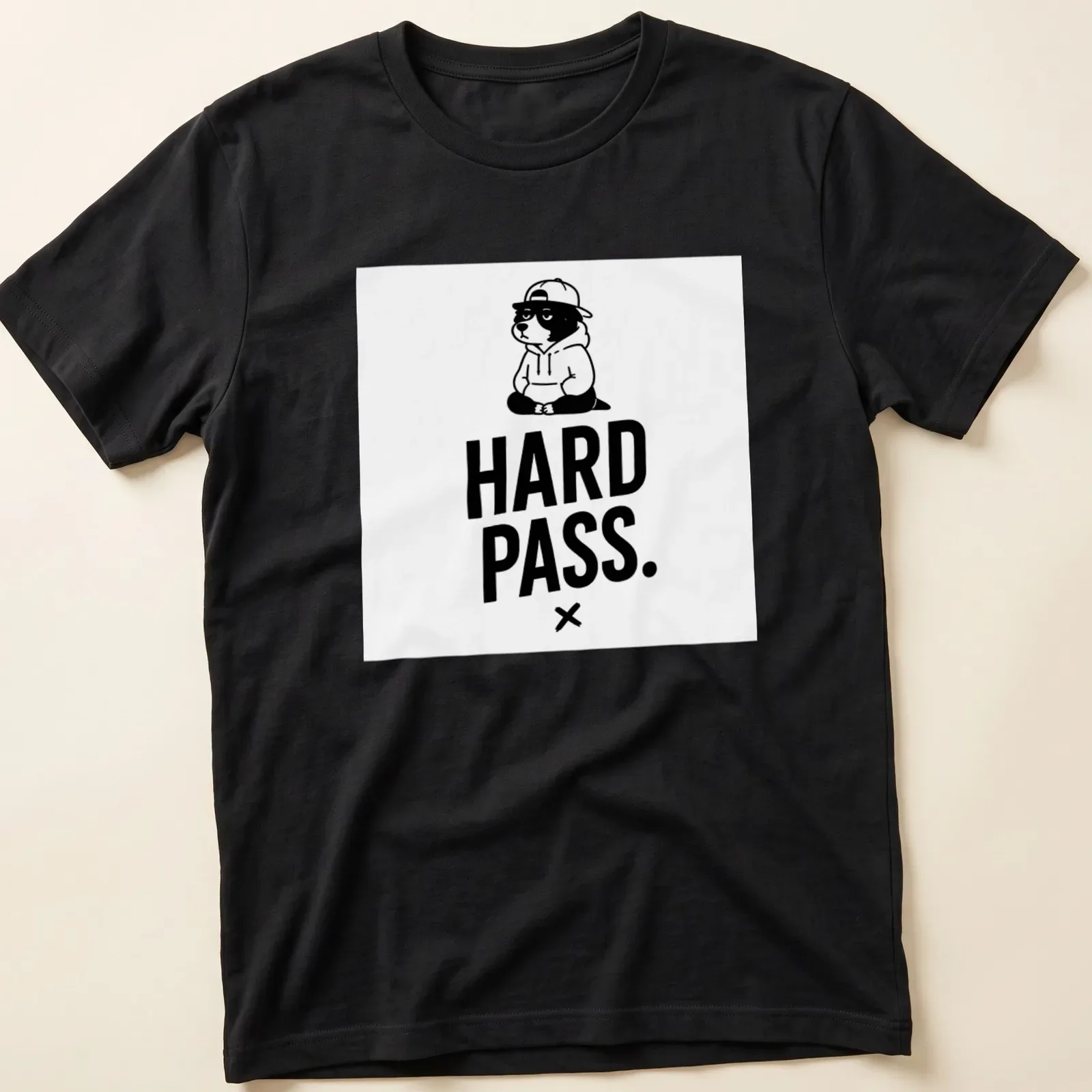 Cartoon panda with unimpressed expression and bold text saying HARD PASS — printed on a unisex t-shirt