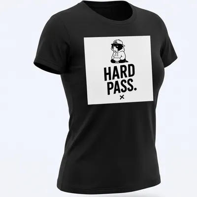 Cartoon panda with unimpressed expression and bold text saying HARD PASS — printed on a women's shirt