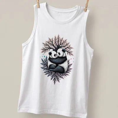 Illustration of two pandas embracing under a colorful tree — printed on a tank top