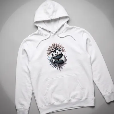 Illustration of two pandas embracing under a colorful tree — printed on a unisex hoodie