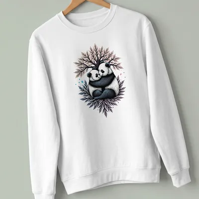 Illustration of two pandas embracing under a colorful tree — printed on a unisex sweatshirt