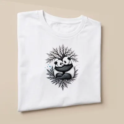 Illustration of two pandas embracing under a colorful tree — printed on a unisex t-shirt (angled view)