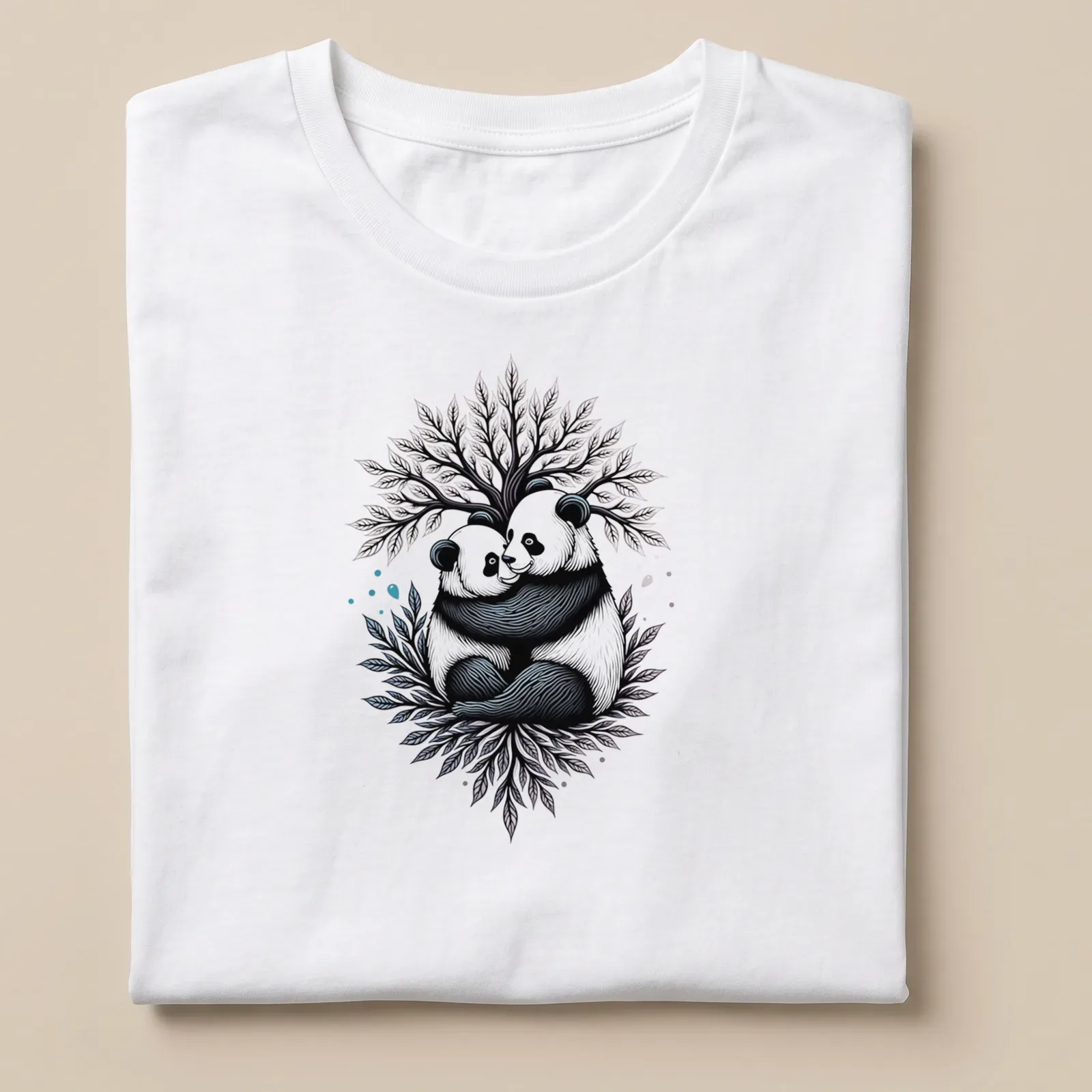 Illustration of two pandas embracing under a colorful tree — printed on a unisex t-shirt