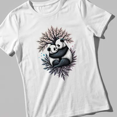 Illustration of two pandas embracing under a colorful tree — printed on a women's shirt