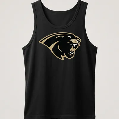 Bold panther logo in black and gold representing Amory Panthers — printed on a tank top