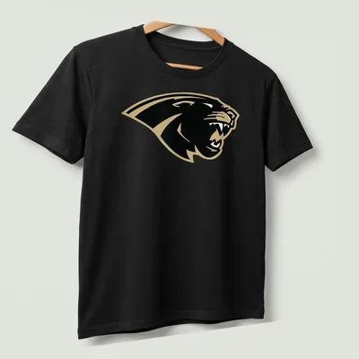Bold panther logo in black and gold representing Amory Panthers — printed on a unisex t-shirt (angled view)