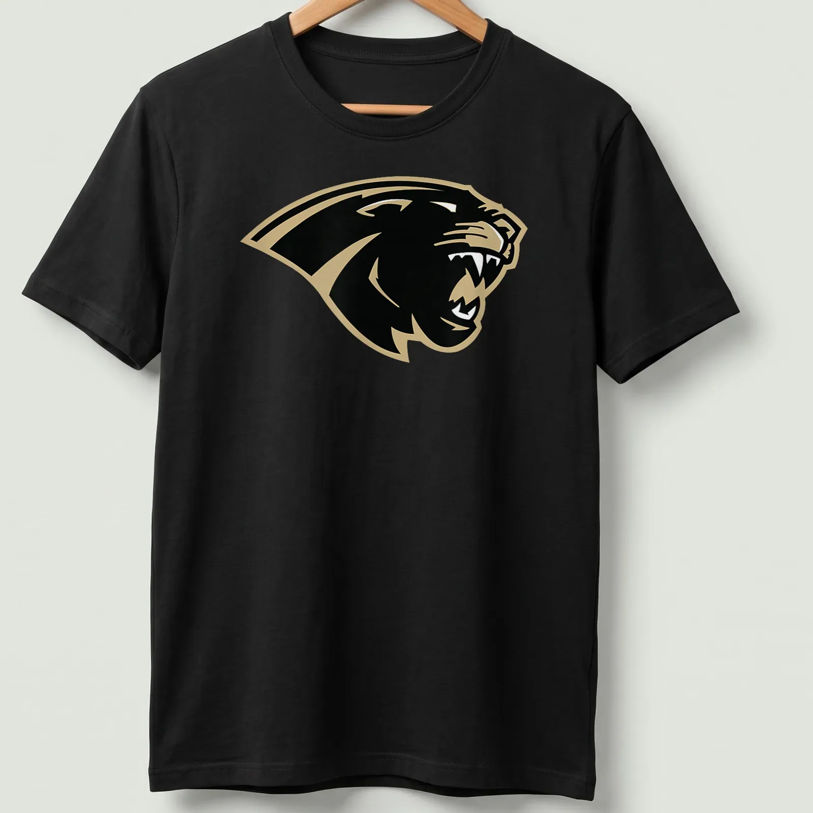 Bold panther logo in black and gold representing Amory Panthers — printed on a unisex t-shirt