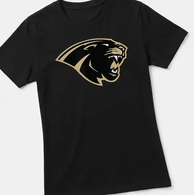 Bold panther logo in black and gold representing Amory Panthers — printed on a women's shirt