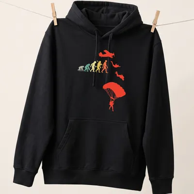 Colorful gradient parachuting evolution design featuring various jumpers — printed on a unisex hoodie