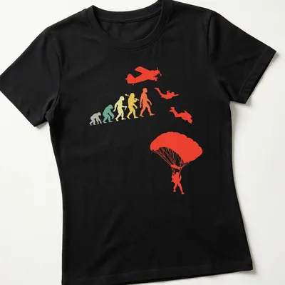 Colorful gradient parachuting evolution design featuring various jumpers — printed on a women's shirt