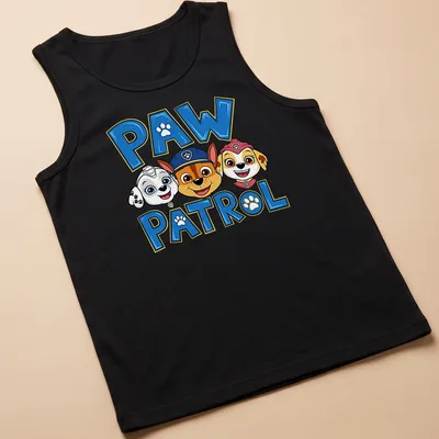 Colorful Paw Patrol T-shirt featuring characters with bold lettering — printed on a tank top