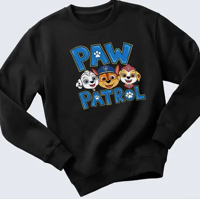 Colorful Paw Patrol T-shirt featuring characters with bold lettering — printed on a unisex sweatshirt