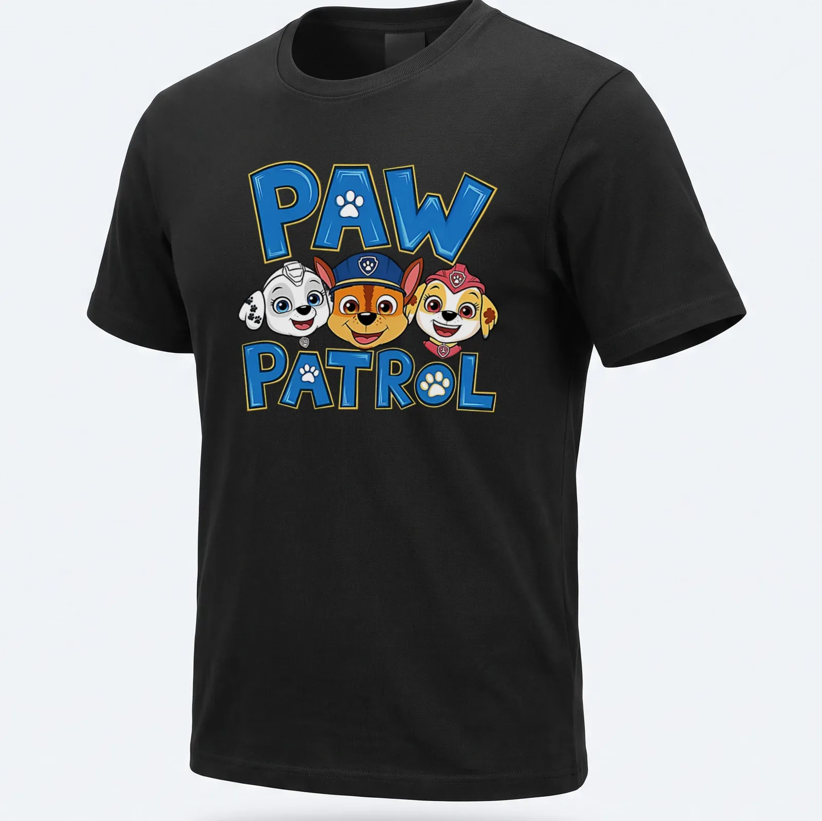 Colorful Paw Patrol T-shirt featuring characters with bold lettering — printed on a unisex t-shirt