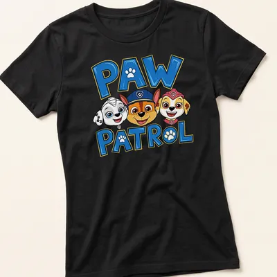 Colorful Paw Patrol T-shirt featuring characters with bold lettering — printed on a women's shirt