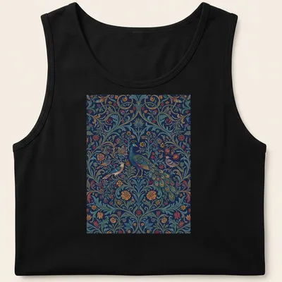 Vintage abstract floral pattern featuring a peacock in rich colors — printed on a tank top
