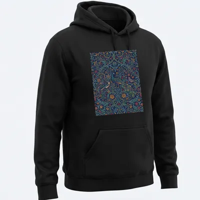 Vintage abstract floral pattern featuring a peacock in rich colors — printed on a unisex hoodie