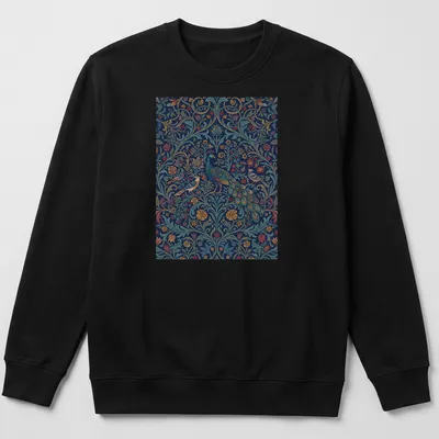Vintage abstract floral pattern featuring a peacock in rich colors — printed on a unisex sweatshirt