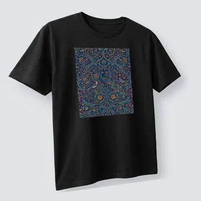 Vintage abstract floral pattern featuring a peacock in rich colors — printed on a unisex t-shirt (angled view)
