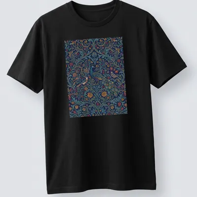 Vintage abstract floral pattern featuring a peacock in rich colors