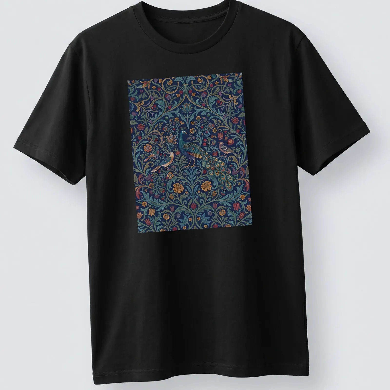 Vintage abstract floral pattern featuring a peacock in rich colors — printed on a unisex t-shirt