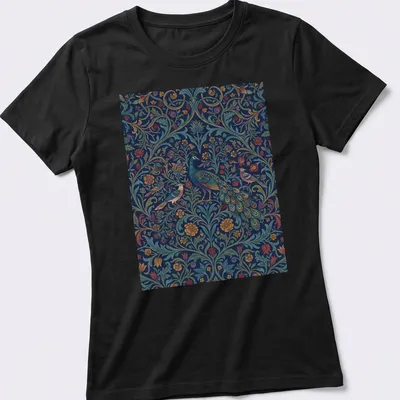 Vintage abstract floral pattern featuring a peacock in rich colors — printed on a women's shirt
