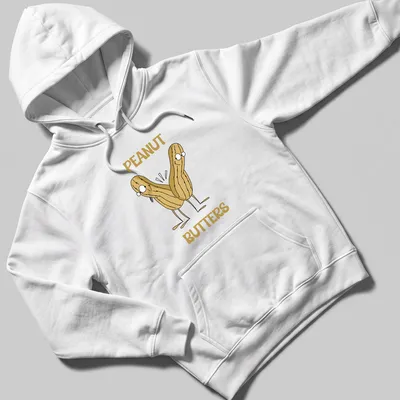 Cartoon design of peanuts with the text PEANUT BUTTERS in beige and brown — printed on a unisex hoodie