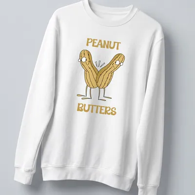Cartoon design of peanuts with the text PEANUT BUTTERS in beige and brown — printed on a unisex sweatshirt